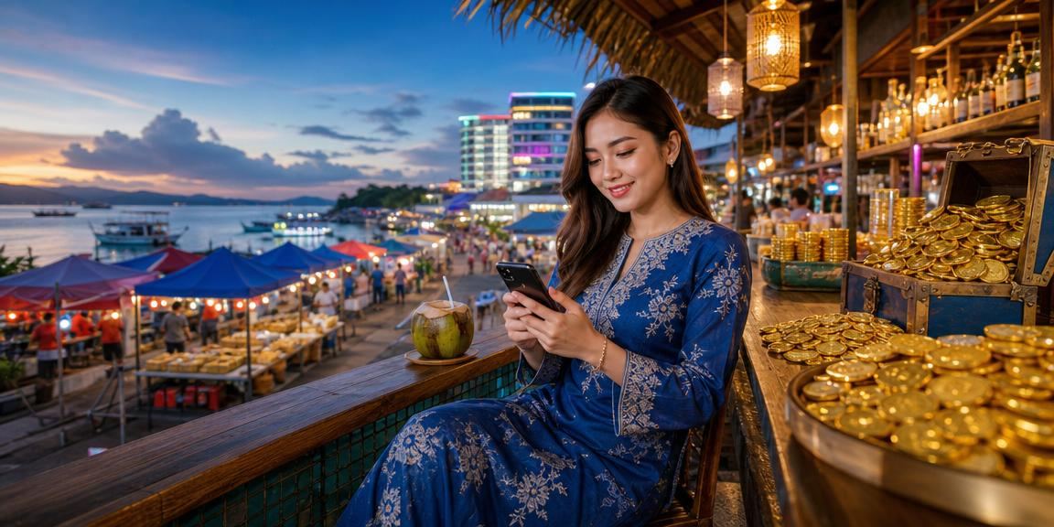 Pengguna Malaysia mengakses kasino mudah alih plae8 dengan pakaian tradisional baju kurung