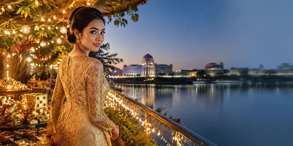 Pemain wanita berbaju kebaya bermain permainan dadu di Putrajaya dengan suasana meriah